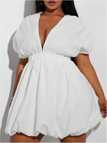 WDIRARA Women's Plus Size Deep V Neck Bubble Dress Short Sleeve A Line Mini Dresses in Saudi Arabia