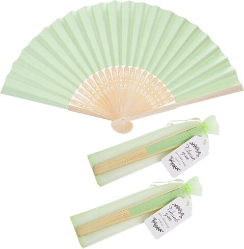 50pcs Paper Hand Fan Bamboo Handheld Folding Fans with Organza Bags and Thank You Tags Home Decorative Wedding Party Favors (Light green) in Saudi Arabia