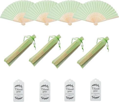 50pcs Paper Hand Fan Bamboo Handheld Folding Fans with Organza Bags and Thank You Tags Home Decorative Wedding Party Favors (Light green) in Saudi Arabia