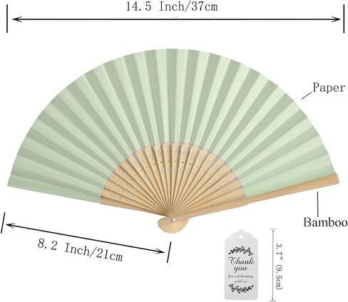 50pcs Paper Hand Fan Bamboo Handheld Folding Fans with Organza Bags and Thank You Tags Home Decorative Wedding Party Favors (Light green) in Saudi Arabia