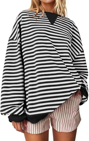 Darong المرأة المتضخم مخطط كتلة اللون طويلة الأكمام طاقم الرقبة البلوز عارضة القطن البلوز بلوزات الخريف القماش in Kuwait