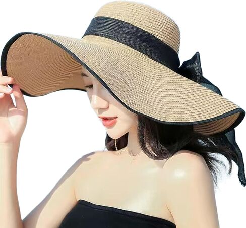 Womens Wide Brim Straw Sun Hat,Summer Floppy Beach Hat Roll-Up with Bowknot in Saudi Arabia