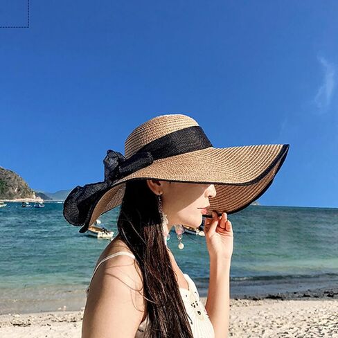 Womens Wide Brim Straw Sun Hat,Summer Floppy Beach Hat Roll-Up with Bowknot in Saudi Arabia