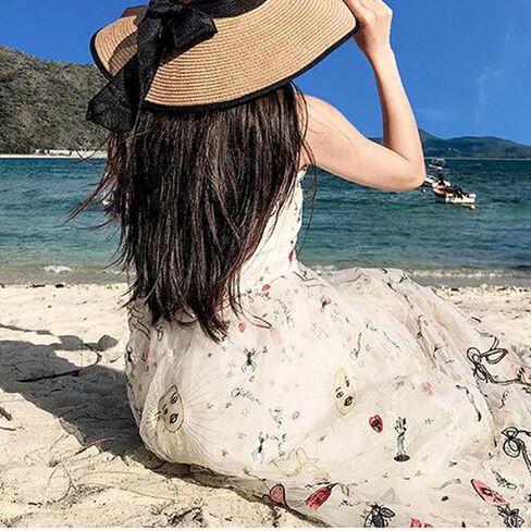 Womens Wide Brim Straw Sun Hat,Summer Floppy Beach Hat Roll-Up with Bowknot in Saudi Arabia