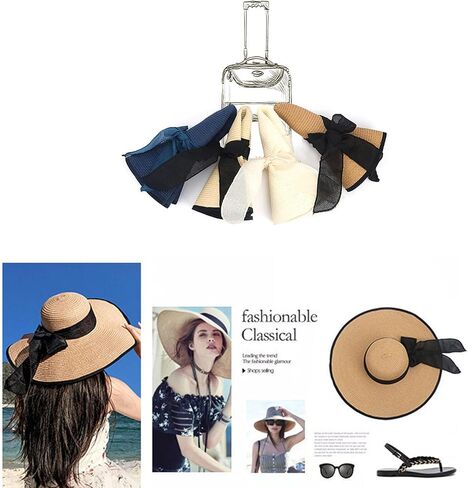 Womens Wide Brim Straw Sun Hat,Summer Floppy Beach Hat Roll-Up with Bowknot in Saudi Arabia