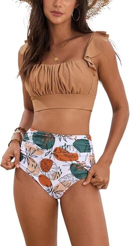 نساء من قطعتين للسباحة الكشكش عالية الخصر السيطرة على البطن بدلة السباحة ملابس السباحة in Kuwait