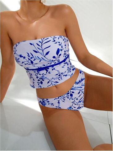 Milumia Women's 2 Piece Bandeau Bikini Set Ditsy Floral Strapless Tankini Swimsuits in Kuwait