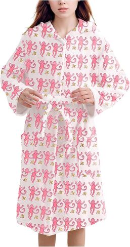 Fleece Robes for Women Monkey Hooded Bath Robe Soft Fuzzy Flannel Bathrobe Night Robe for Valentine's Day Preppy Gift in Saudi Arabia