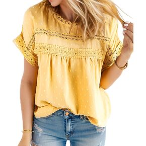 Women's Crew Neck Lace Short Sleeve Shirts Casual Blouses Tops