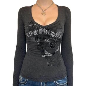 Women Fairy Grunge Y2K Shirt Long Sleeve Gothic Harajuku Tee Tops Vintage 90s E Girl Aesthetic Clothes Streetwear