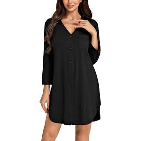 LYANER Women's Nightgown V Neck Button Down Sleepwear 3/4 Sleeves Nightshirts with Pockets