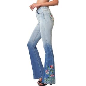 Anna-Kaci Women's Stretchy Flare Jeans Mid Rise Floral Embroidered Bell Bottom Jeans Long Denim Pants
