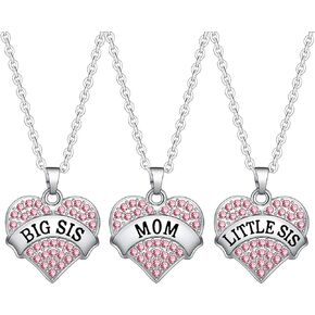 Big Sis Lil Sis Mom Crystal Heart Pendant Necklace Set Gift for Sister Mother's Day Gift Family Jewelry