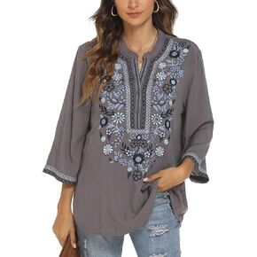 Higustar Mexican Embroidered Shirts for Women Bohemian Floral Peasant 3/4 Sleeves Tops Summer Boho Tradition Tunic Blouses
