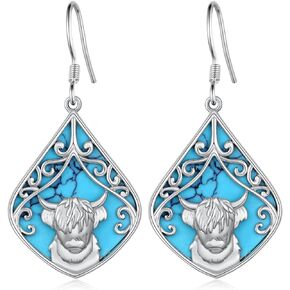 Western Highland Cow Earrings 925 Sterling Silver Turquoise Cow Earrings for Women Western Cow Jewelry Gifts for Girls