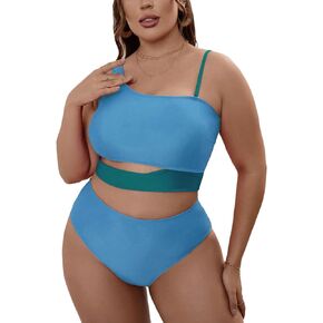 WDIRARA Women's Plus Size Colorblock Cut Out Asymmetrical Neck 2 Piece Bikini Set Swimsuits