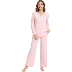 NACHILA Pajamas Set for Women-Viscose Made from Bamboo,Long Sleeve Pjs V Neck Sleepwear Top with Pants Soft Loungewear S-XXL