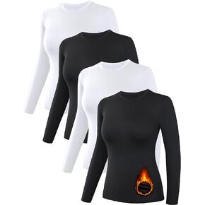 4 Pack Women’s Thermal Shirts, Women Fleece Lined Compression Long Sleeve Base Layer Tops for Winter Cold Weather