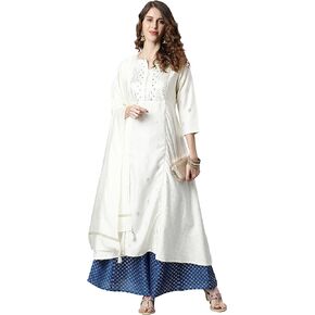 Janasya Indian Women's Off- White Poly Silk Kurta with Palazzo and Dupatta