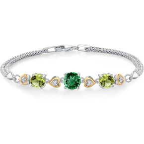 Gem Stone King 925 Sterling Silver and 10k Yellow Gold Green Nano Emerald Green Peridot and White Lab Grown Diamond Bracelet For Women (3.30 Cttw, Round 7MM and 6MM, 6.5/7/7.5 Inch, Made In Italy)