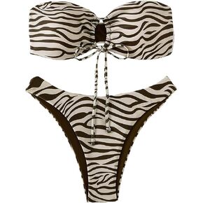 WDIRARA Women's Zebra 2 Piece Swimsuit Marble Bikini Drawstring Strapless Bandeau Bikini Set Swimwear