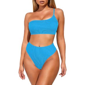 Viottiset Women's Ribbed One Shoulder Bikini Set High Waist Cut 2 Piece Swimsuit Bathing Suit
