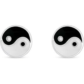 925 Sterling Silver Yin and Yang Enamel Stud Push Back Earrings