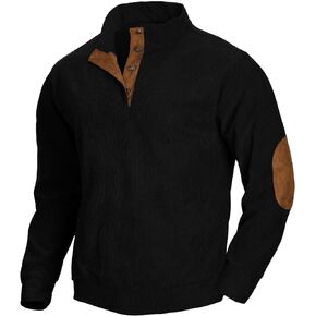 Mens Corduroy Shirt Lapel Collar Casual Henley Pullover Long Sleeve Polo Sweatshirt Thermal with Elbow Patches