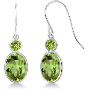 Gem Stone King 14K White Gold Green Peridot Hook French Fish Ear Wire Dangle Earrings For Women (2.90 Cttw, Gemstone August Birthstone, Oval 8X6MM, Round 3MM)