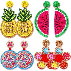 4 Pairs Beaded Earrings for Women Boho Geometric Beaded Dangle Earrings Statement Pineapple Flower Drop Earrings Colorful Summer Earrings Set Jewelry Gift