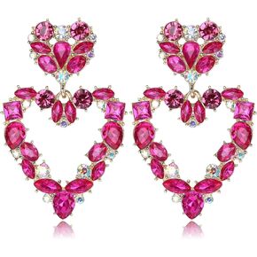 FIBO STEEL Rhinestone Heart Dangle Earrings for Women Trendy Heart Drop Statement Earrings Colorful Crystal Dangling Heart Earrings for Valentine's Day Wedding Prom