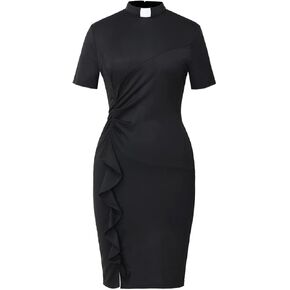 BLESSUME Church Clergy Women Tab Collar Dress Black Short Sleeve Mass Pencil Dress