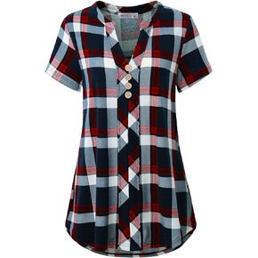 MOQIVGI Womens Notch Neck Short Sleeve Plaid Shirts Checkered Blouse Tops
