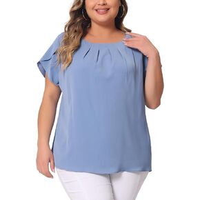 Agnes Orinda Plus Size Tops for Women Work Office Round Neck Pleated Top Tulip Sleeves Blouse 2023