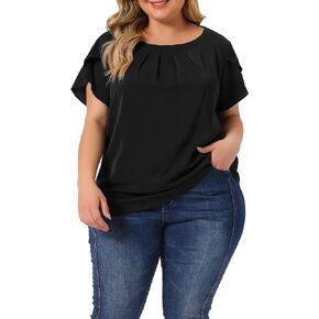 Agnes Orinda Plus Size Tops for Women Work Office Round Neck Pleated Top Tulip Sleeves Blouse 2023