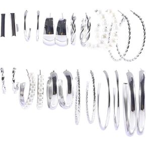 24 Pairs Hoop Earrings Set for Women,Chunky Silver Earrings Fashion Pearl Hoop Earrings Holiday Gift for Teen Girls