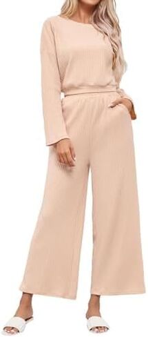 KOJOOIN Women’s Two Piece Outfits Long Sleeve Ribbed Top Wide Leg Pants Knit Sweatsuit Loungewear Sweatsuit Set Tracksuit in Saudi Arabia