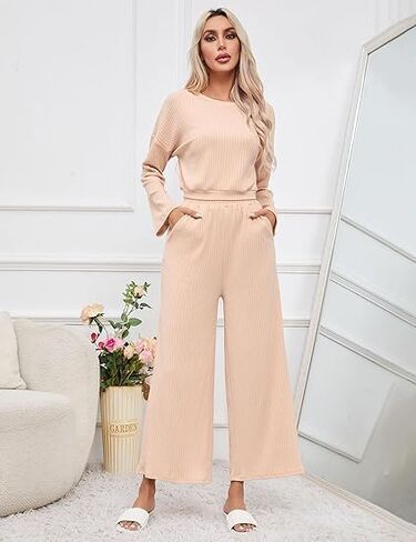 KOJOOIN Women’s Two Piece Outfits Long Sleeve Ribbed Top Wide Leg Pants Knit Sweatsuit Loungewear Sweatsuit Set Tracksuit in Saudi Arabia
