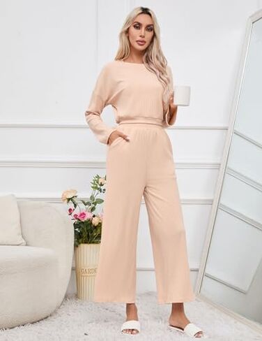 KOJOOIN Women’s Two Piece Outfits Long Sleeve Ribbed Top Wide Leg Pants Knit Sweatsuit Loungewear Sweatsuit Set Tracksuit in Saudi Arabia