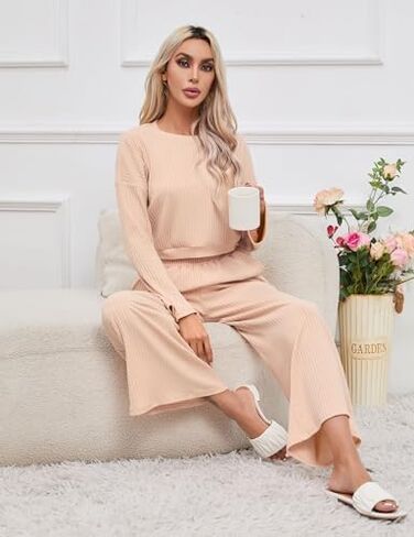 KOJOOIN Women’s Two Piece Outfits Long Sleeve Ribbed Top Wide Leg Pants Knit Sweatsuit Loungewear Sweatsuit Set Tracksuit in Saudi Arabia