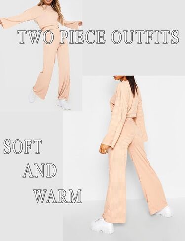 KOJOOIN Women’s Two Piece Outfits Long Sleeve Ribbed Top Wide Leg Pants Knit Sweatsuit Loungewear Sweatsuit Set Tracksuit in Saudi Arabia