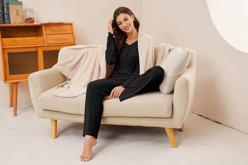 طقم بيجامة من HEARTNICE للنساء ملابس نوم ناعمة مضلعة وأكمام طويلة ورقبة على شكل حرف V طقم بيجامة متطابق مع حواف الخس ملابس نوم in Kuwait