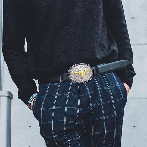 RechicGu Belt Buckles Men Western Cowboy Rodeo Silver Belt Buckle Bull Horse Cross Design Novelty Gift for Son Dad Husband in Kuwait