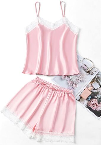 LYANER Women's Silk Satin Lace Trim Camisole Shorts Lingerie Sets 2 Piece Pjs Sleepwear in Saudi Arabia