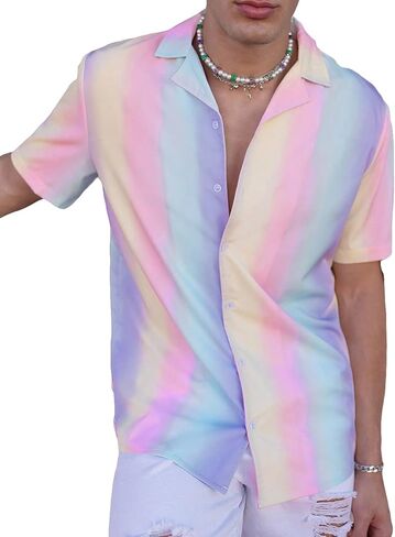 OYOANGLE Men's Colorblock Button Down Short Sleeve Lapel Collared Party Shirt Tops in Saudi Arabia
