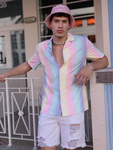 OYOANGLE Men's Colorblock Button Down Short Sleeve Lapel Collared Party Shirt Tops in Saudi Arabia