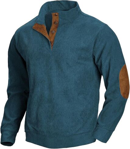 Mens Corduroy Shirt Lapel Collar Casual Henley Pullover Long Sleeve Polo Sweatshirt Thermal with Elbow Patches in Saudi Arabia