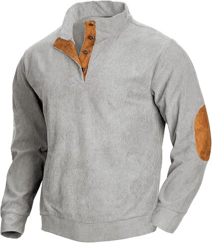 Mens Corduroy Shirt Lapel Collar Casual Henley Pullover Long Sleeve Polo Sweatshirt Thermal with Elbow Patches in Saudi Arabia