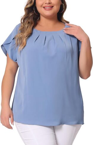 Agnes Orinda Plus Size Tops for Women Work Office Round Neck Pleated Top Tulip Sleeves Blouse 2023 in Saudi Arabia