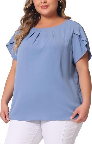Agnes Orinda Plus Size Tops for Women Work Office Round Neck Pleated Top Tulip Sleeves Blouse 2023 in Saudi Arabia